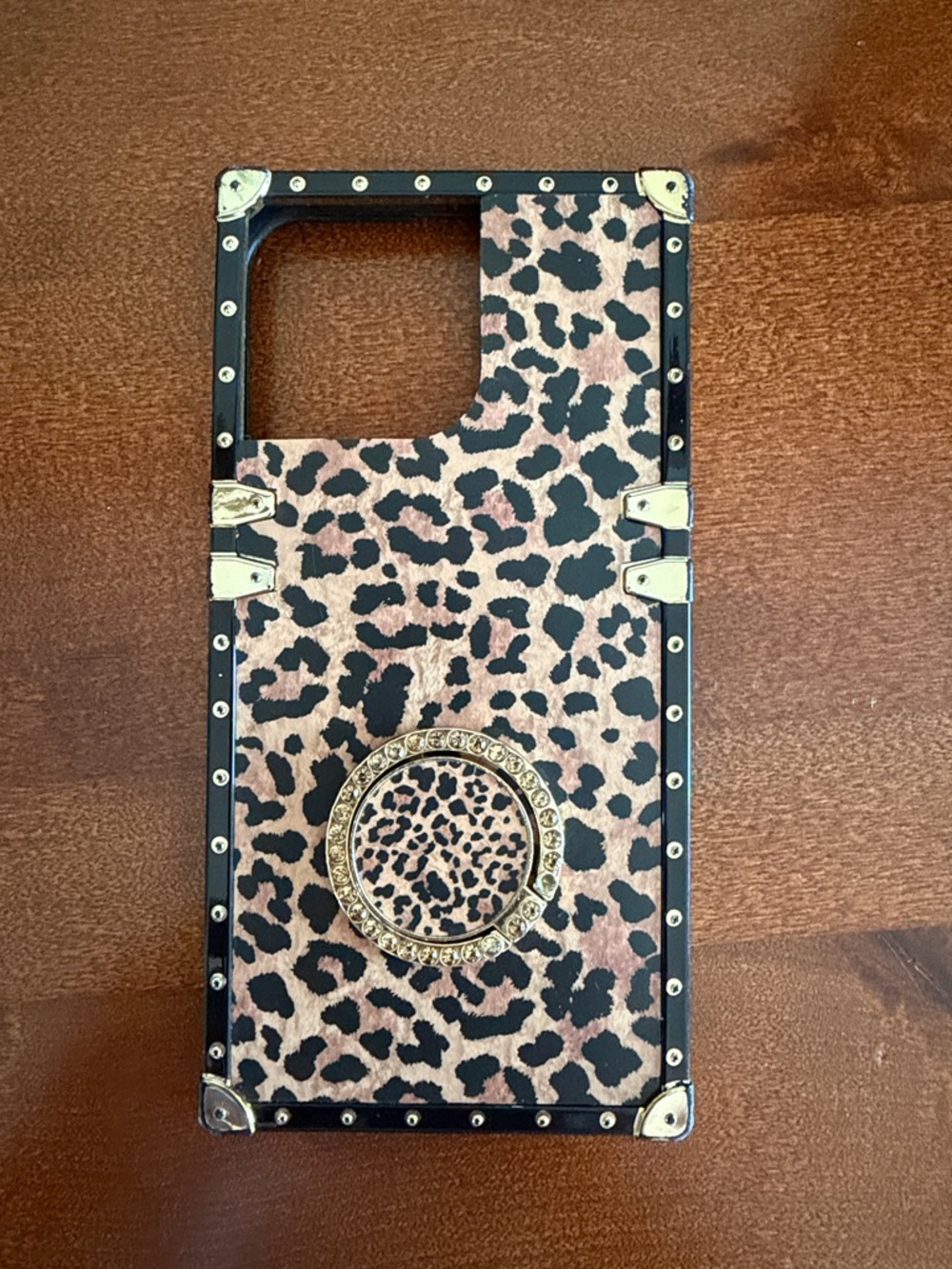 Leopard Print square iPhone 14 Pro Max Phone Case with Gold Ring Holder
